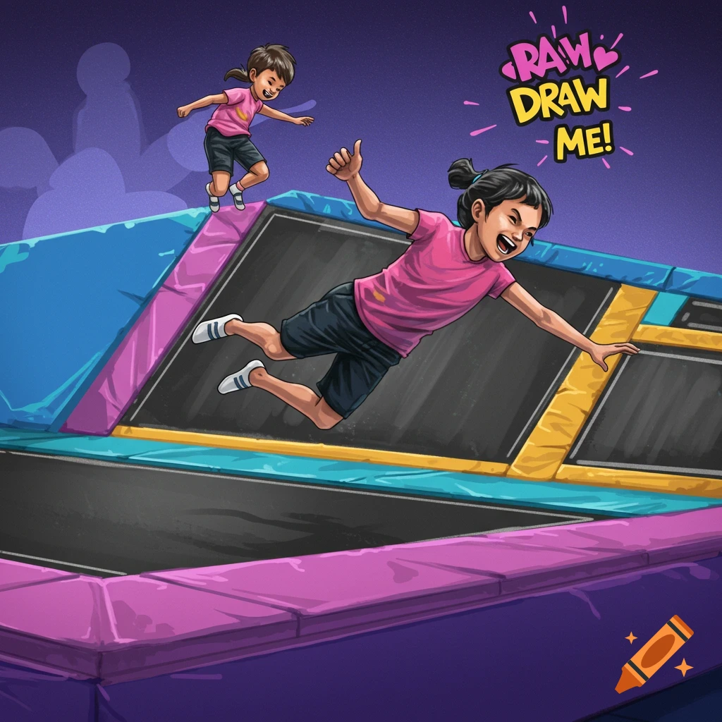 Cartoon illustration of two kids jumping on a trampoline at a trampoline park.