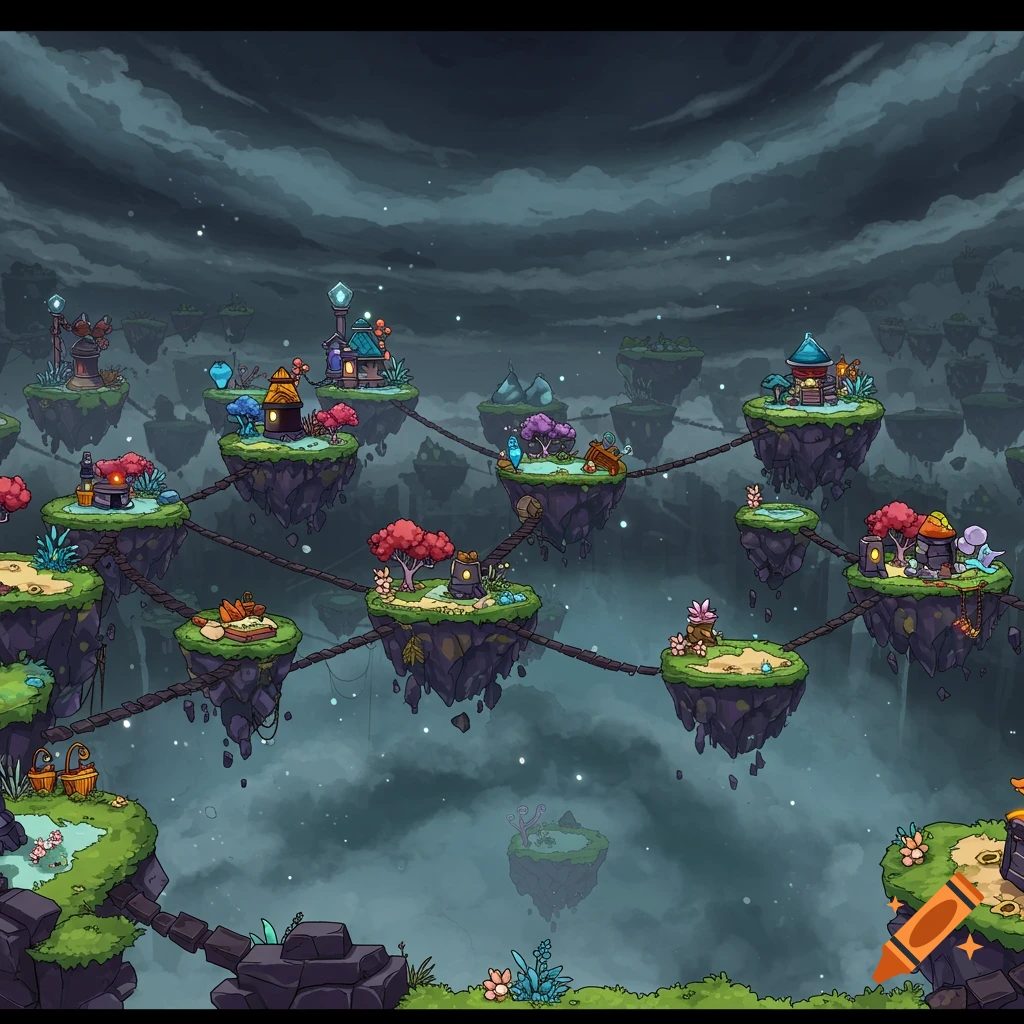 Stylized illustration of floating islands connected by ropes under a dark, cloudy sky.