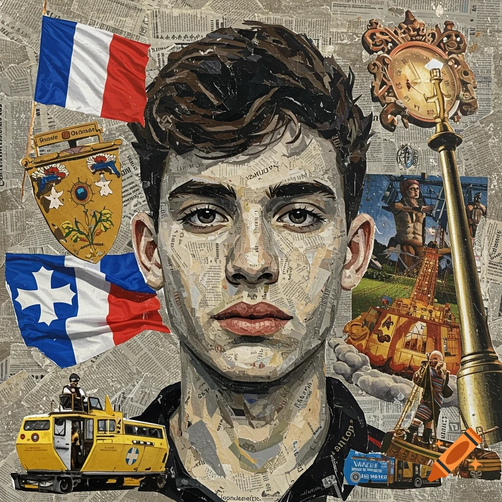 Collage portrait of a young man made from newspaper clippings, surrounded by flags, symbols, and vehicles.