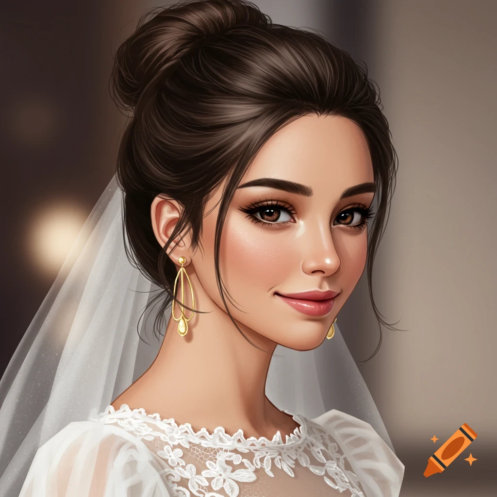 Portrait of a woman in a wedding dress with hair in a bun and gold earrings, digital art.