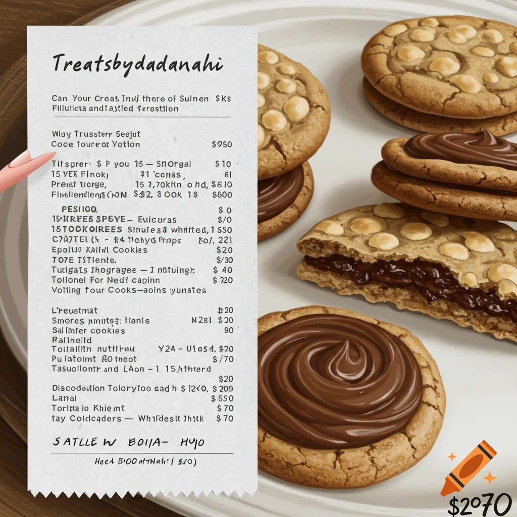 Receipt for s'mores and Nutella cookies from treatsbydanahi, with a $20 discount bringing the total to $70.00 USD. Seller information is present on the receipt and the document is a business record of a food sales transaction. Payment from buyer to seller is acknowledged via this formal sales receipt document. Text is visible within the image to provide itemization of the order.