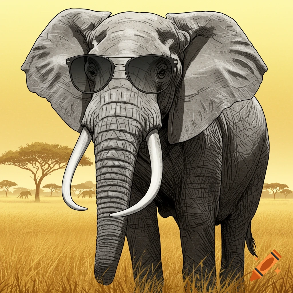 Illustration of an elephant wearing sunglasses in a savanna