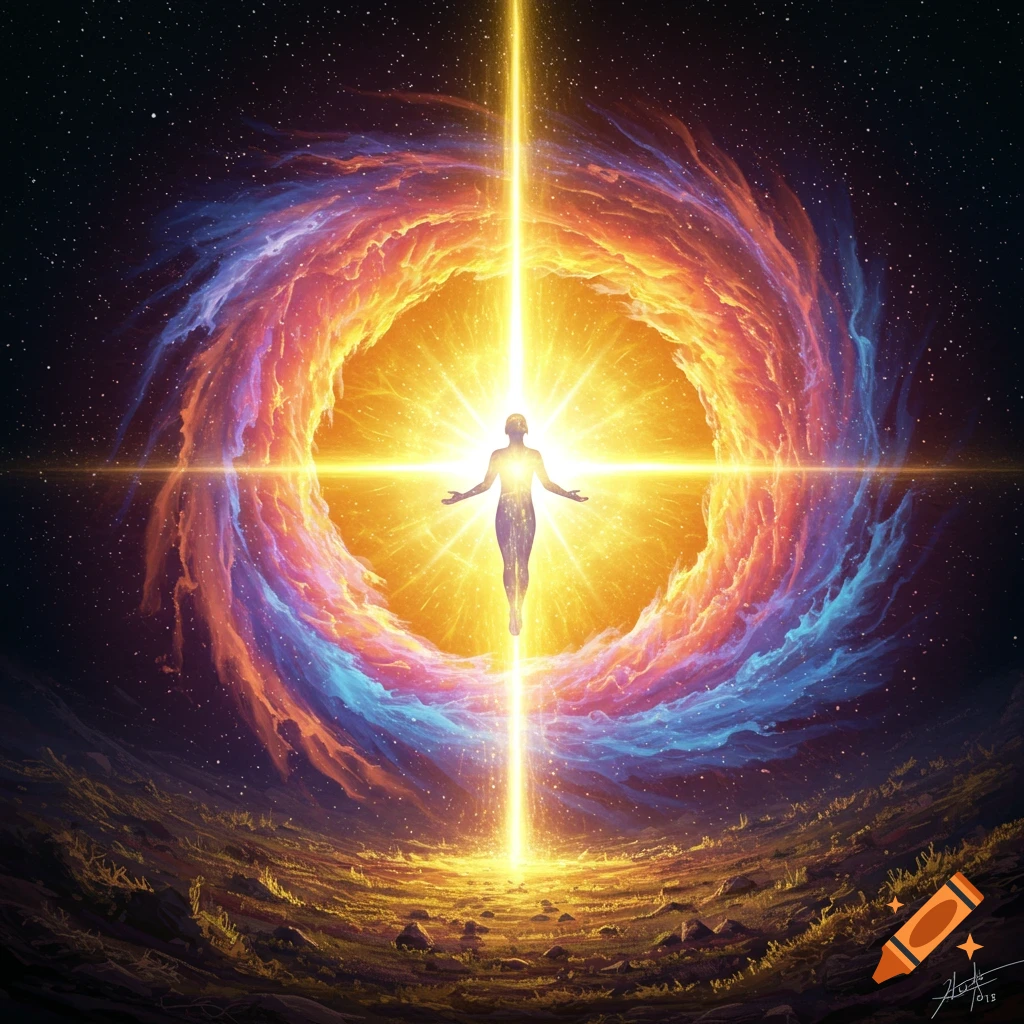 Glowing figure floating in a cosmic vortex of light and color above a dark landscape.