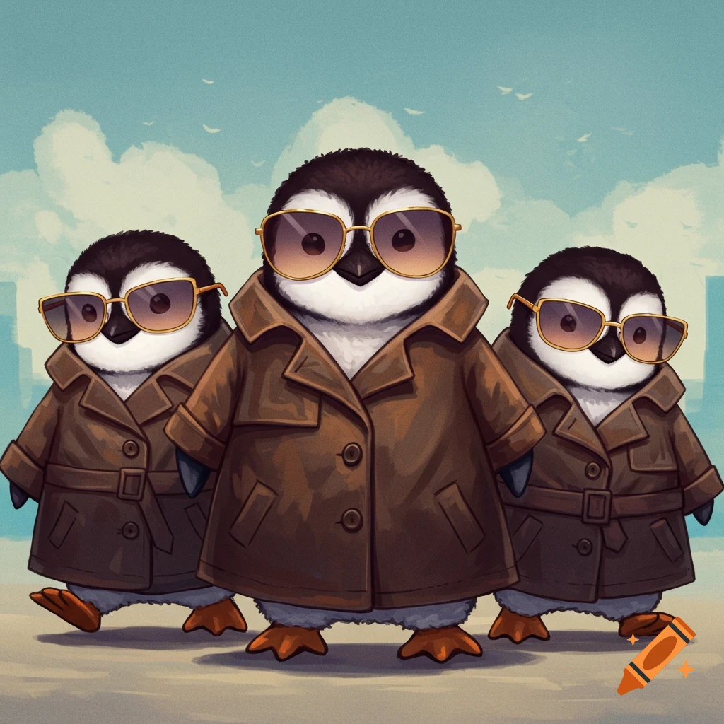 Penguins wearing a trench coat and sunglasses