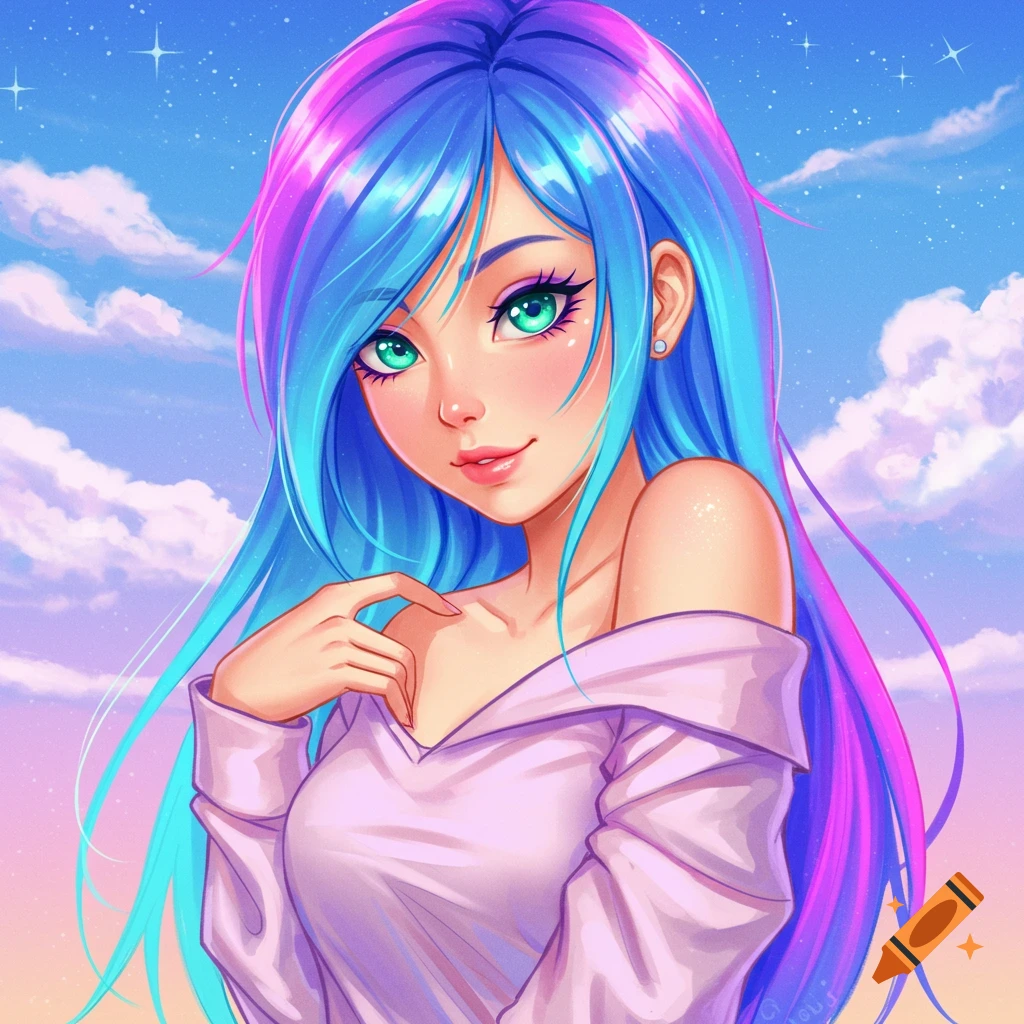 Anime girl with colorful hair and green eyes wearing an off-shoulder shirt under a starry sky.