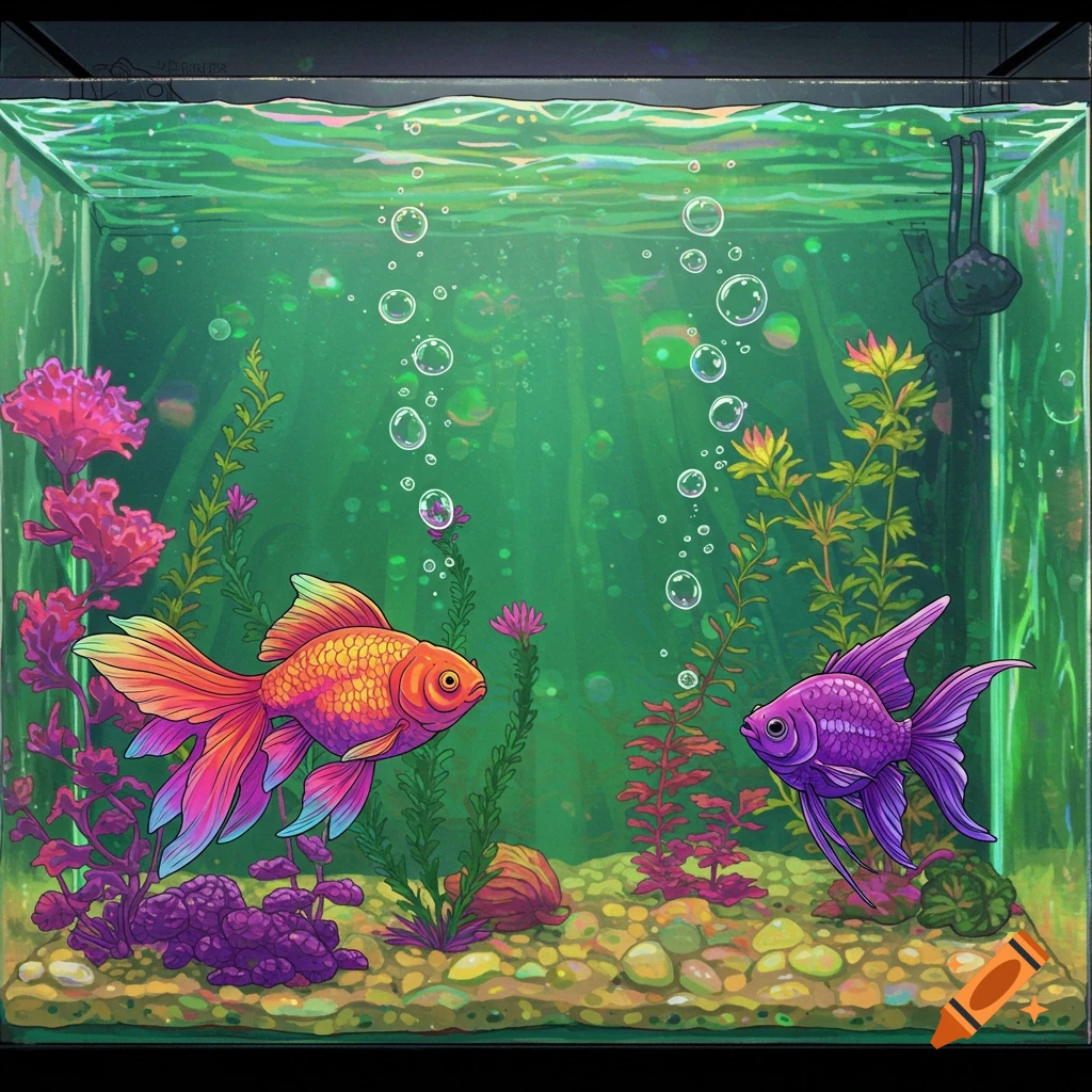 Colorful fish and purple fish in a vibrant, stylized aquarium with plants and bubbles.