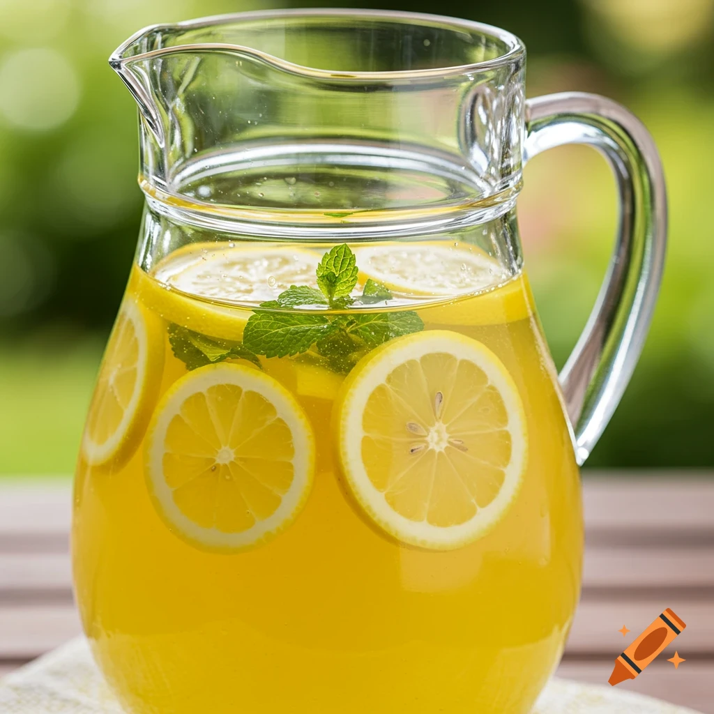 Glass pitcher of lemonade with lemon slices and mint on a wooden table.