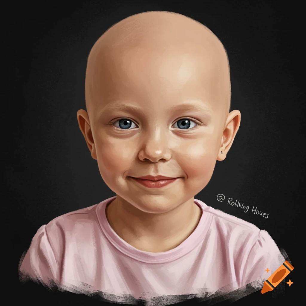A young child with a bald head is smiling and wearing a pink shirt.