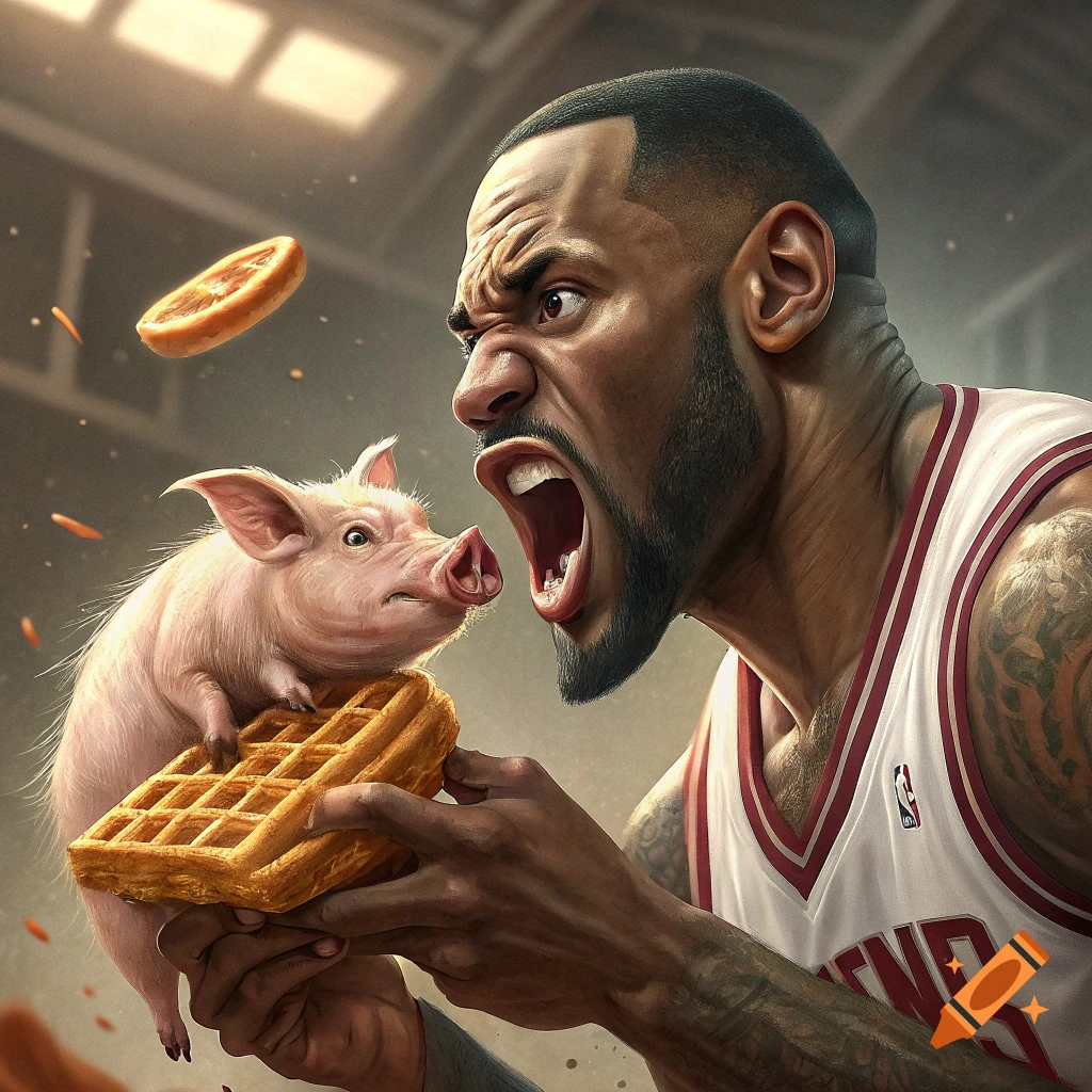 Lebron James shouts angrily at a pig sitting on a waffle.