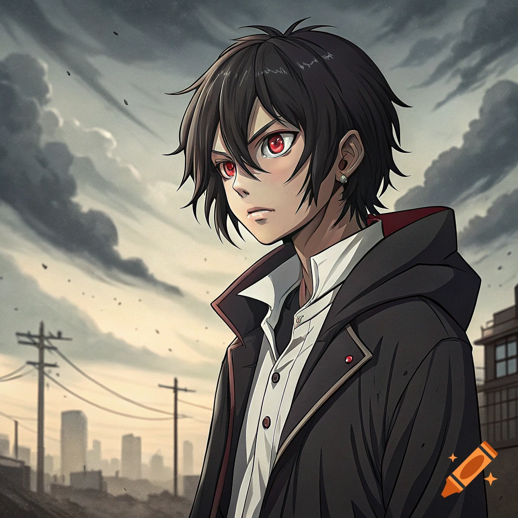 Anime portrait of a boy with black hair and red eyes in a coat against a stormy city background.