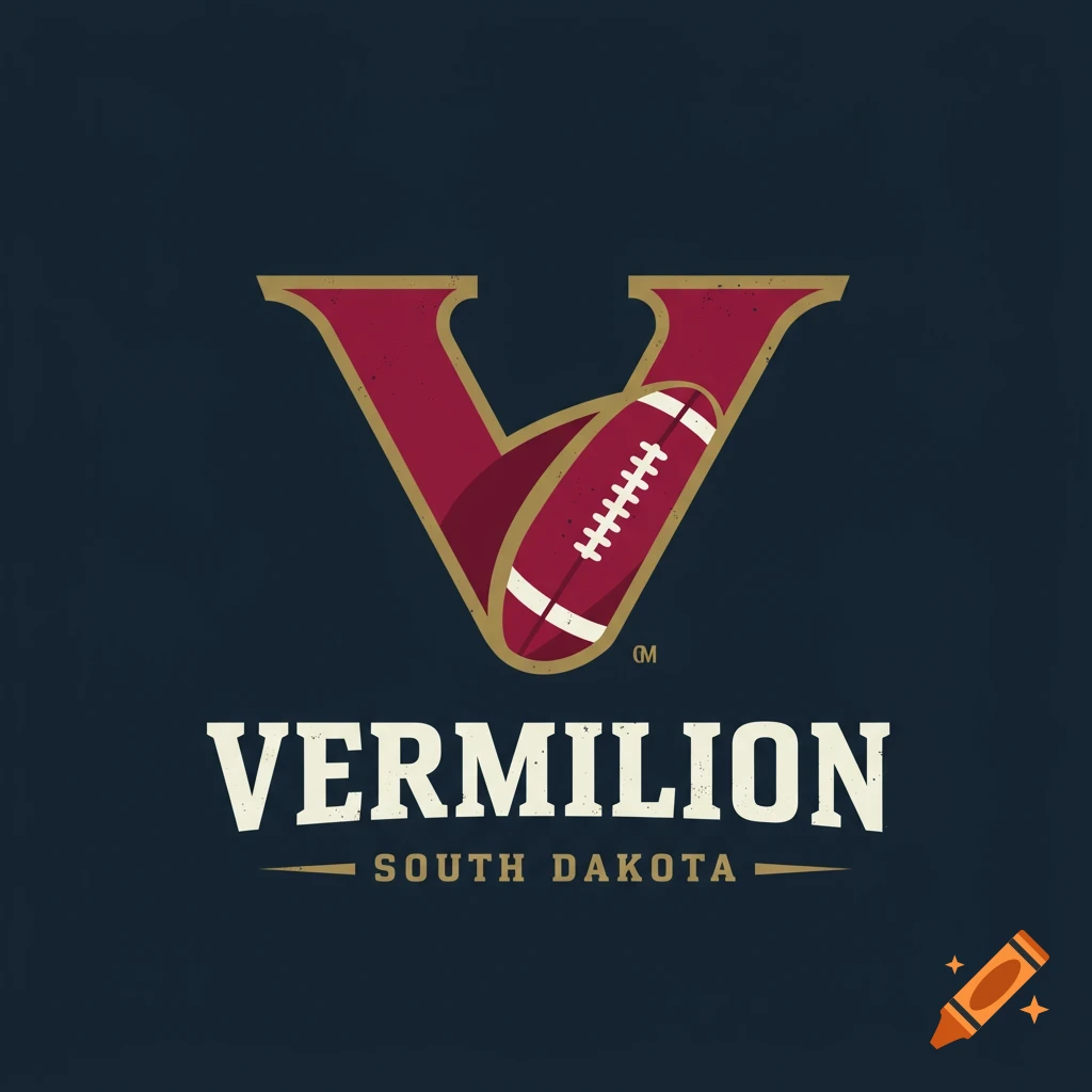 Logo with a red V, football, and text 'VERMILION SOUTH DAKOTA' on a dark background.