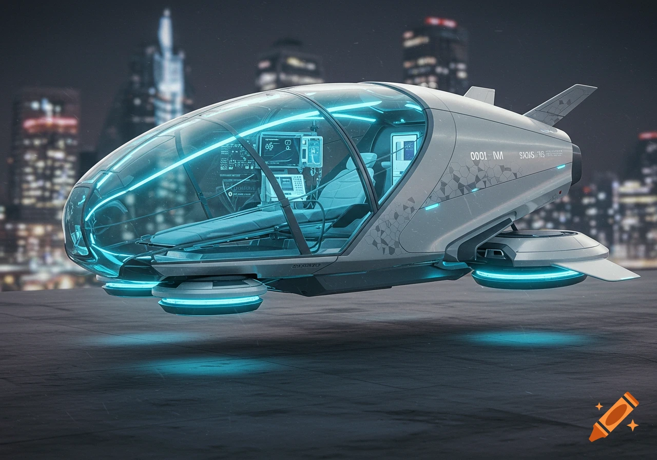 A futuristic transparent medical transport vehicle hovers above the ground with a city skyline at night.