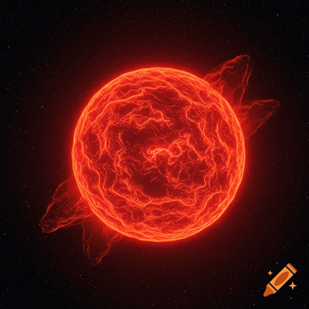 A glowing red star or celestial object in space with tendrils and a starry background.