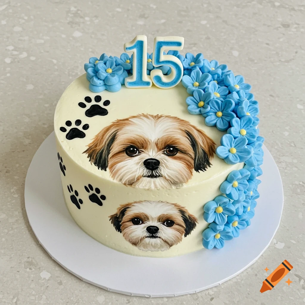 Circle cake with blue flowers, number 15, paw prints, and Shih Tzu face