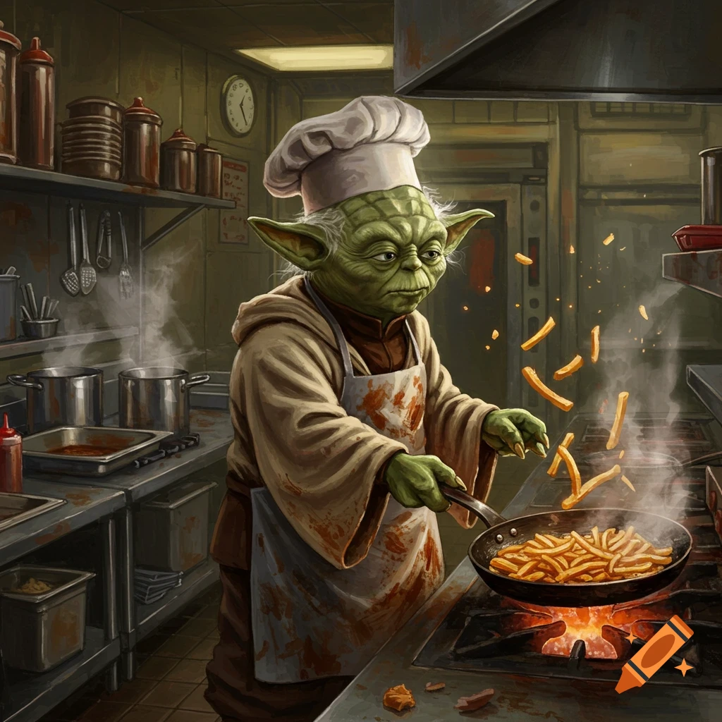 Yoda in a chef hat and apron fries food in a pan in a greasy kitchen