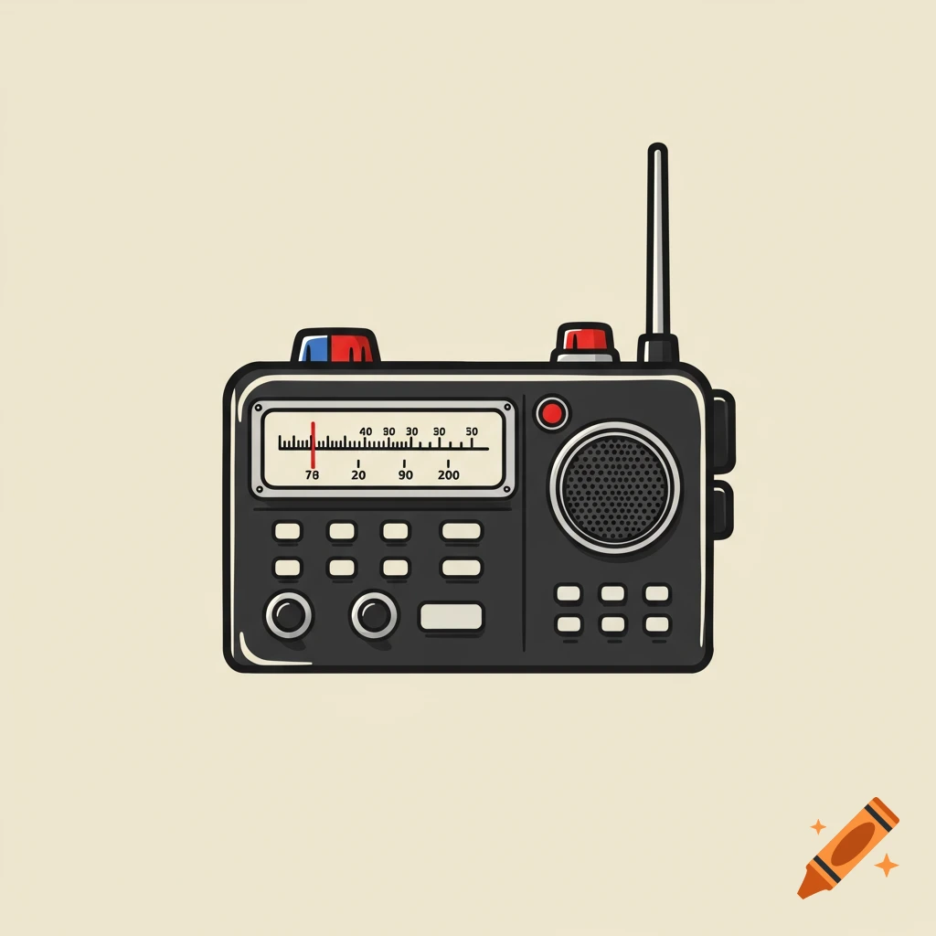 Illustration of a black police scanner radio with red and blue lights and a frequency dial.