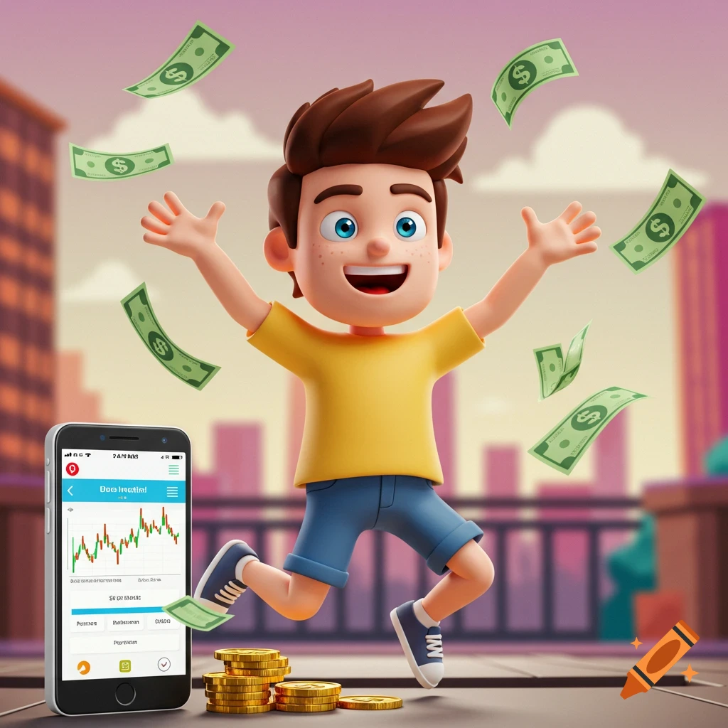 Happy cartoon boy throwing money, with phone and coins, 3D style