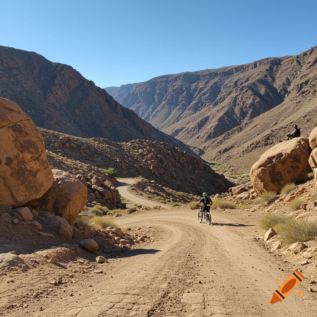 A person mountain biking on a dirt road through a rocky canyon landscape on a sunny day.