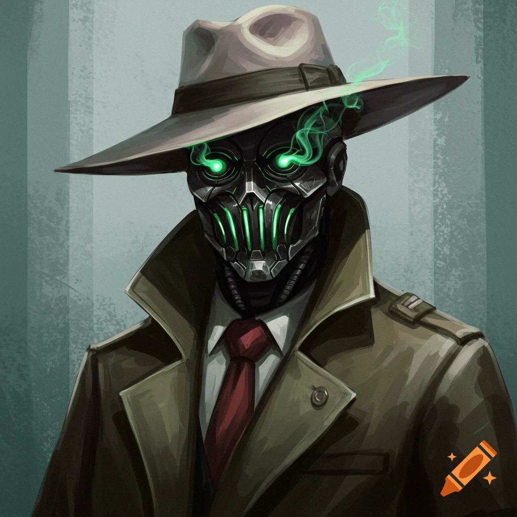 A cyborg in a fedora and trench coat with glowing green eyes and mask details.