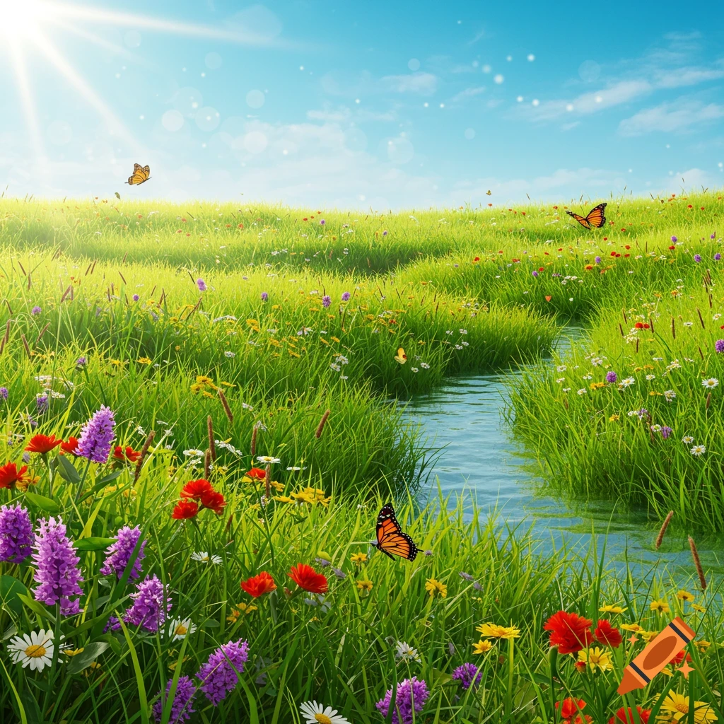 Sunny vibrant green field with wildflowers, a stream, and butterflies.