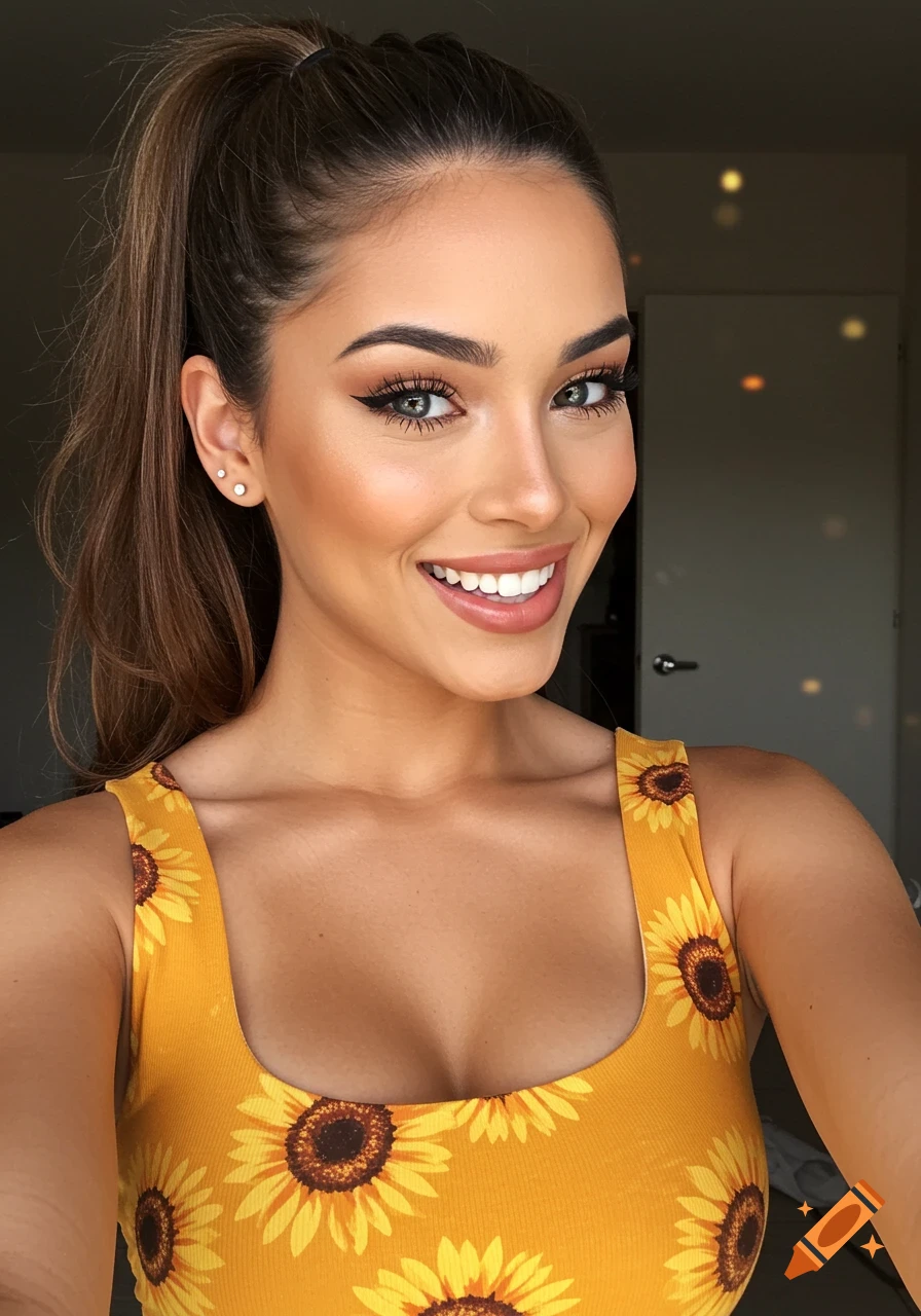 Selfie portrait of a smiling woman with a ponytail wearing a yellow top with sunflower pattern