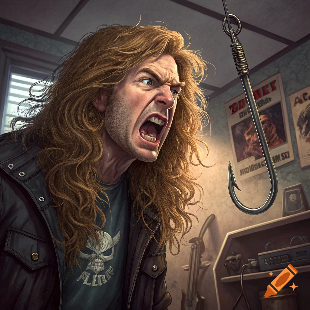 Dave Mustaine of Megadeth with a fish hook in his mouth