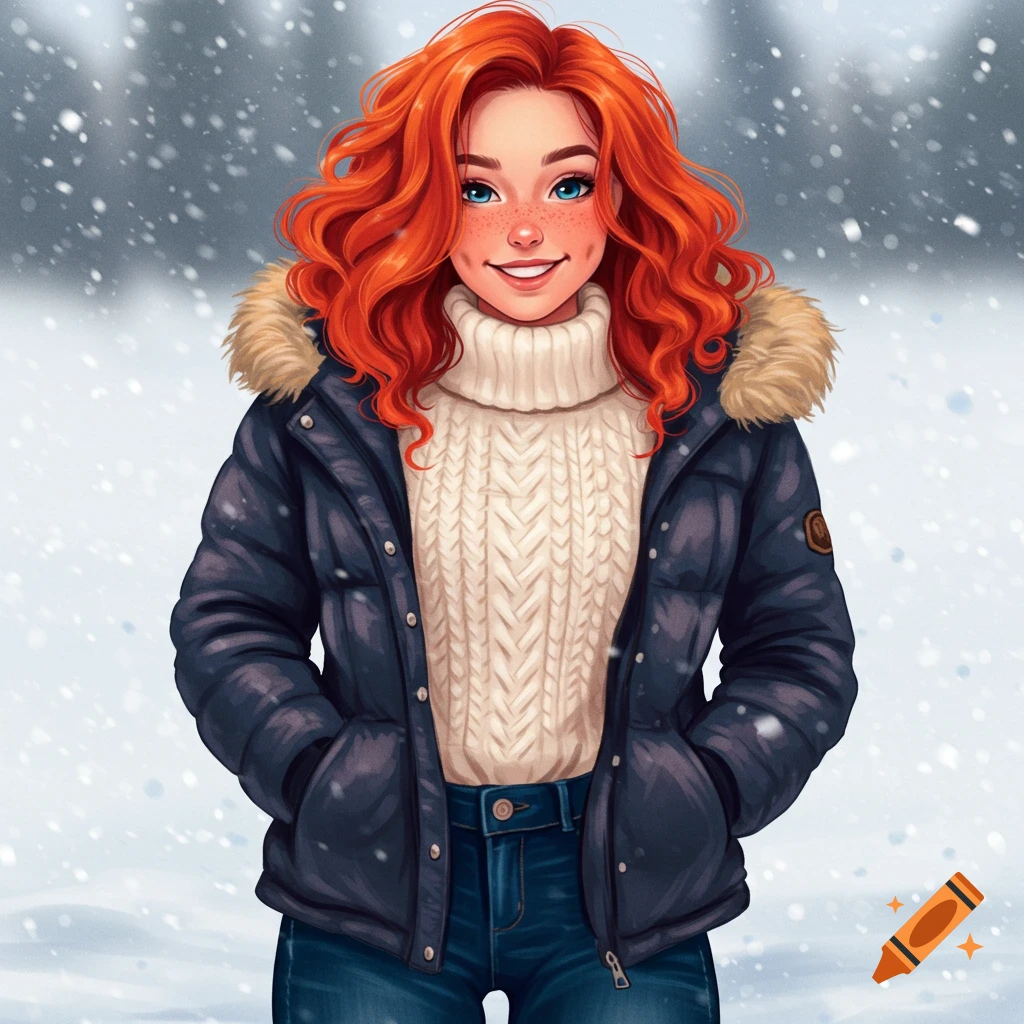 Illustration of a smiling young woman with red hair in a winter jacket standing in snow.