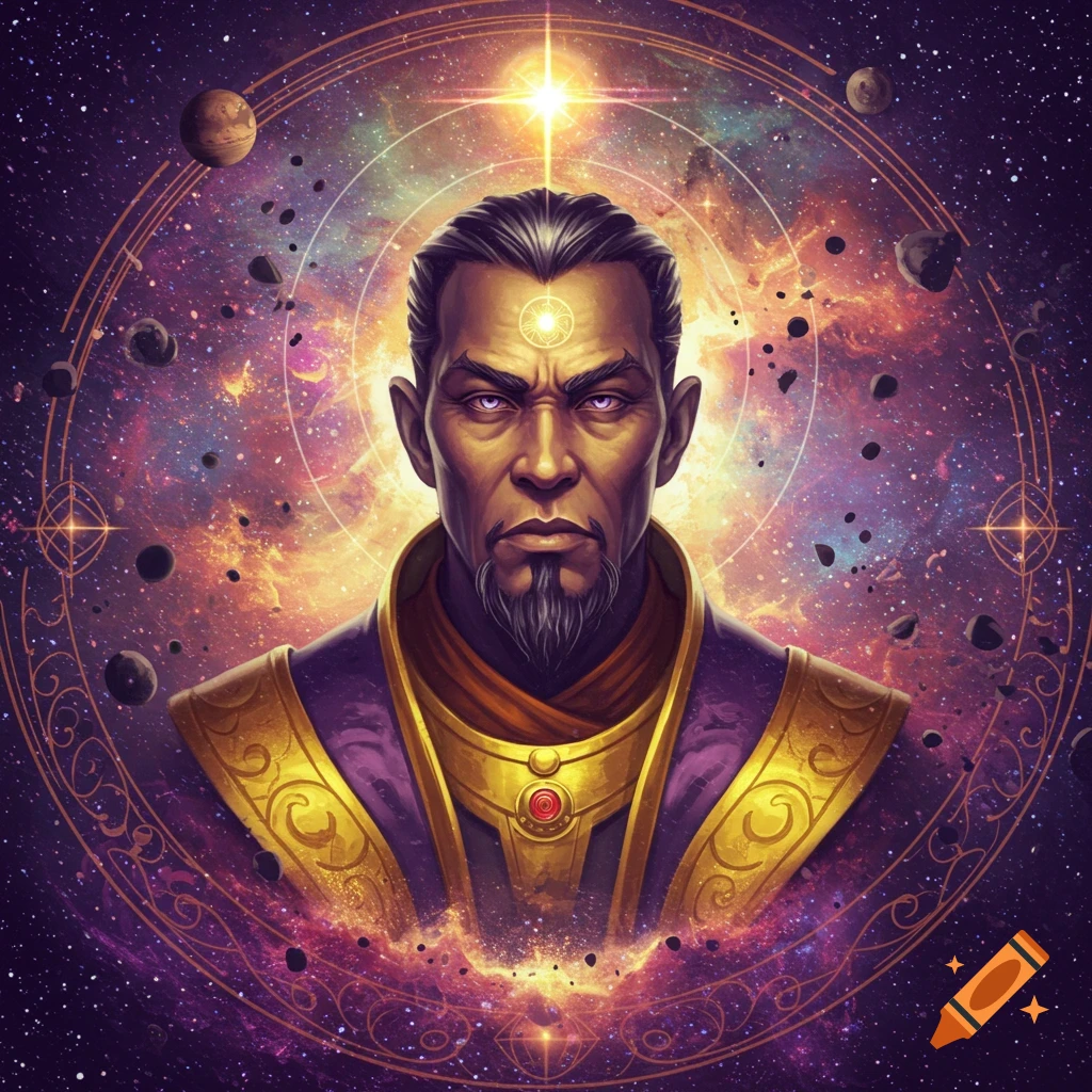 A portrait of a man with purple eyes and beard in purple and gold armor, against a vibrant cosmic background with planets and stars.