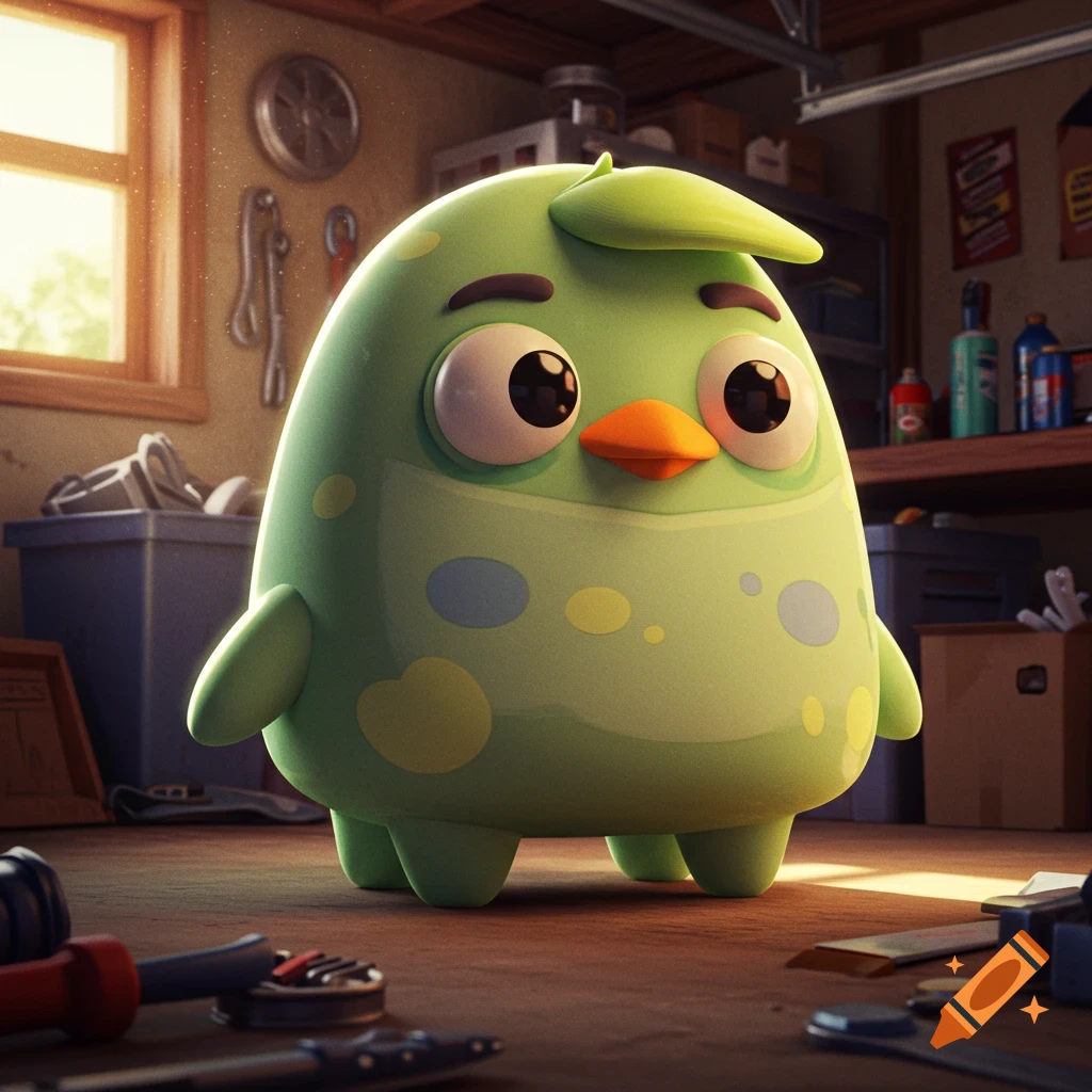 A cute green cartoon creature with big eyes stands in a cluttered workshop.