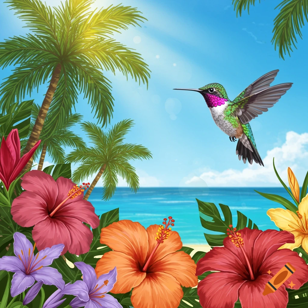 Hummingbird flies over tropical flowers by a beach with palm trees and ocean.