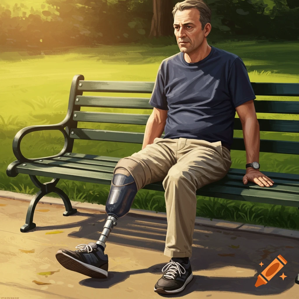 A man with a prosthetic leg sits on a park bench.