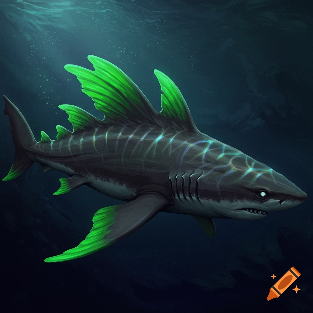 A dark shark with glowing green fins swims in deep blue water illuminated by rays of light.