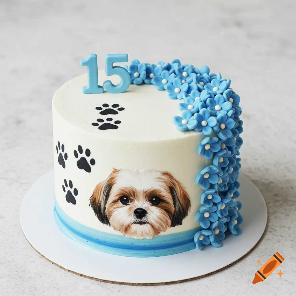 Cake with blue flowers, stripe, number 15, paw prints, and Shih Tzu face