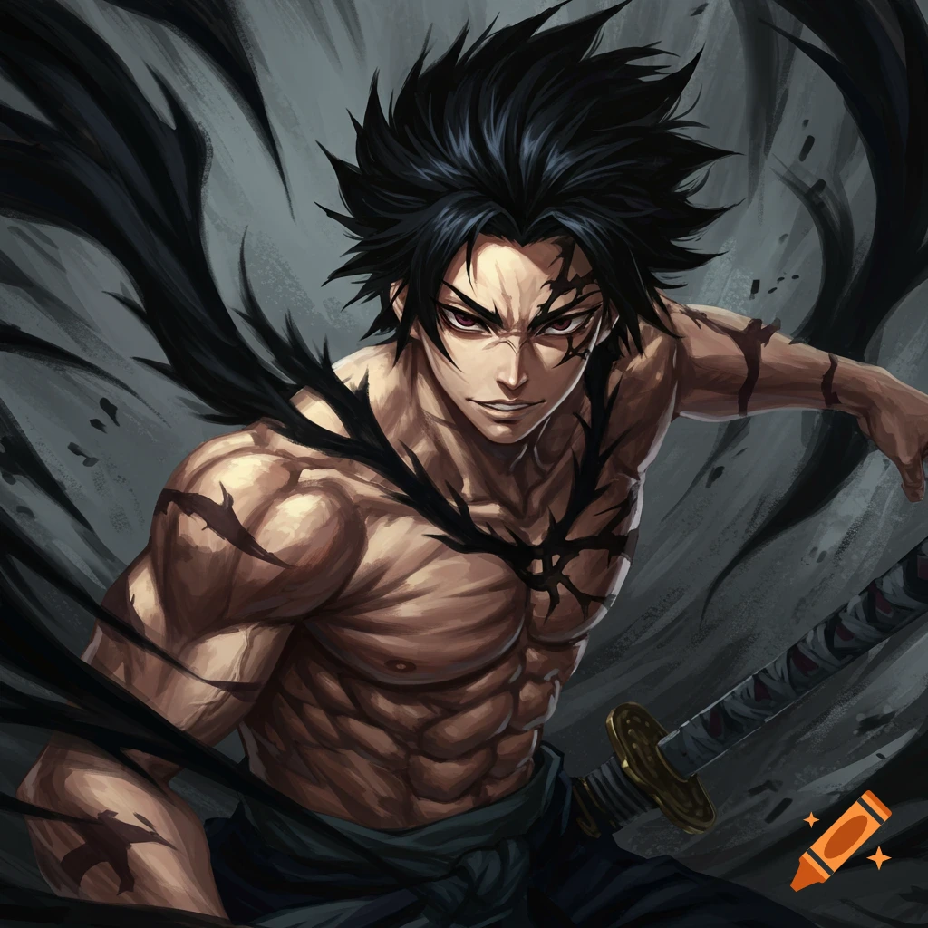 Anime illustration of a muscular man with dark markings and spiky hair, holding a katana.
