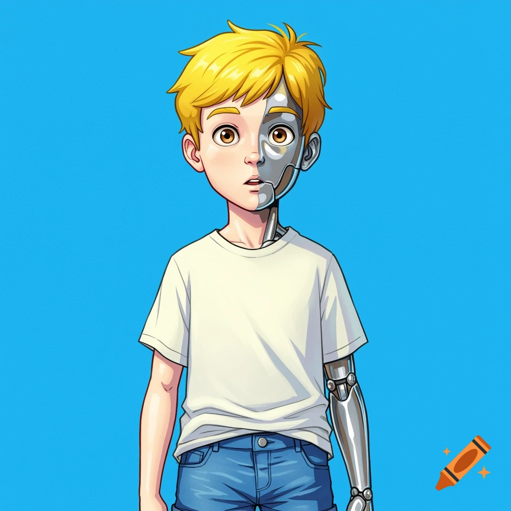 Illustration of a boy with a robot face and arm, standing on a blue background.