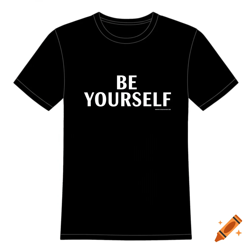 Black t-shirt with white text 'BE YOURSELF'