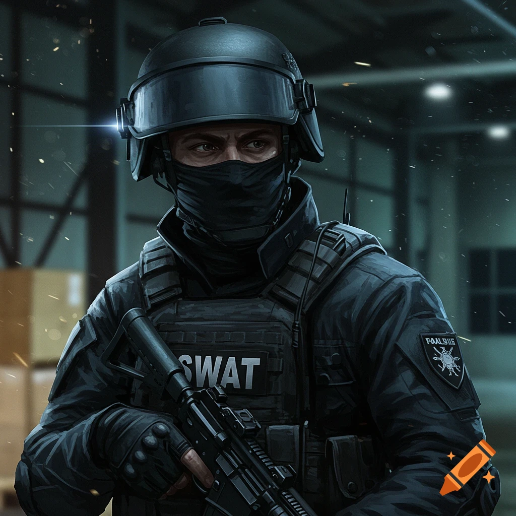 Portrait of a person in black SWAT gear holding a rifle in a warehouse setting.