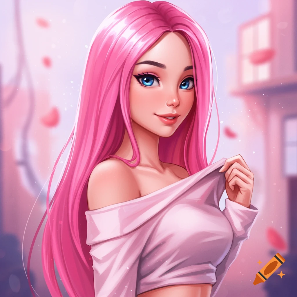 Anime portrait of a girl with bright pink hair wearing a light pink shirt off one shoulder.