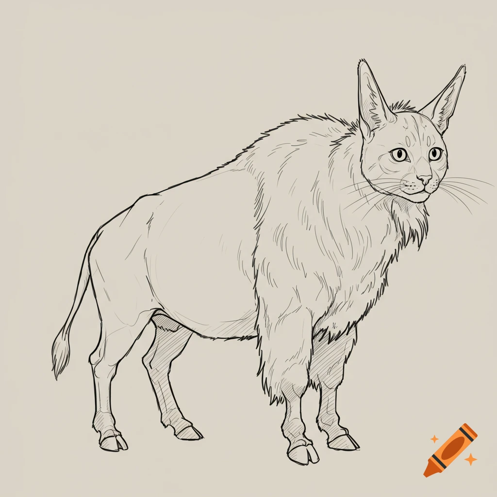Sketch of a hybrid animal with a cat head and a large furry body on hooves.