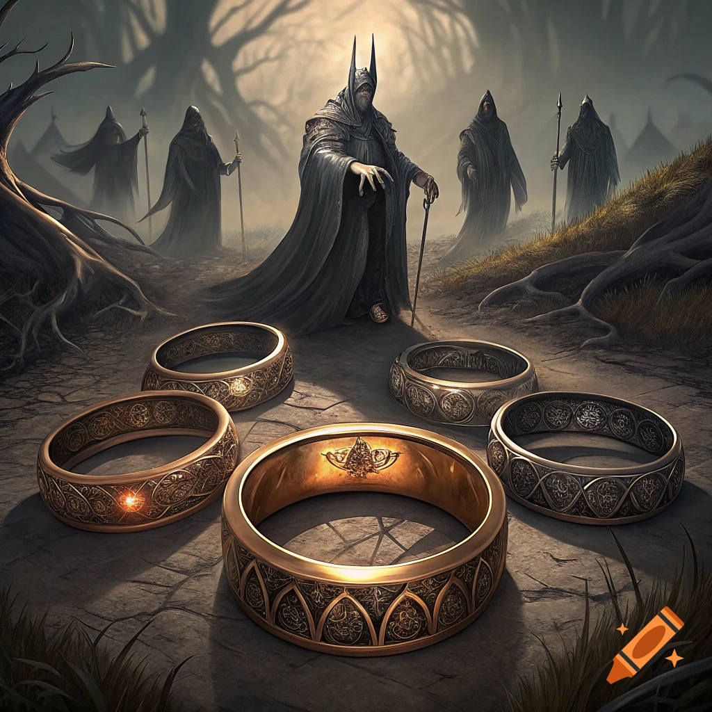 Dark cloaked figures stand on a path in a forest looking at large golden rings in the foreground. Digital fantasy art.