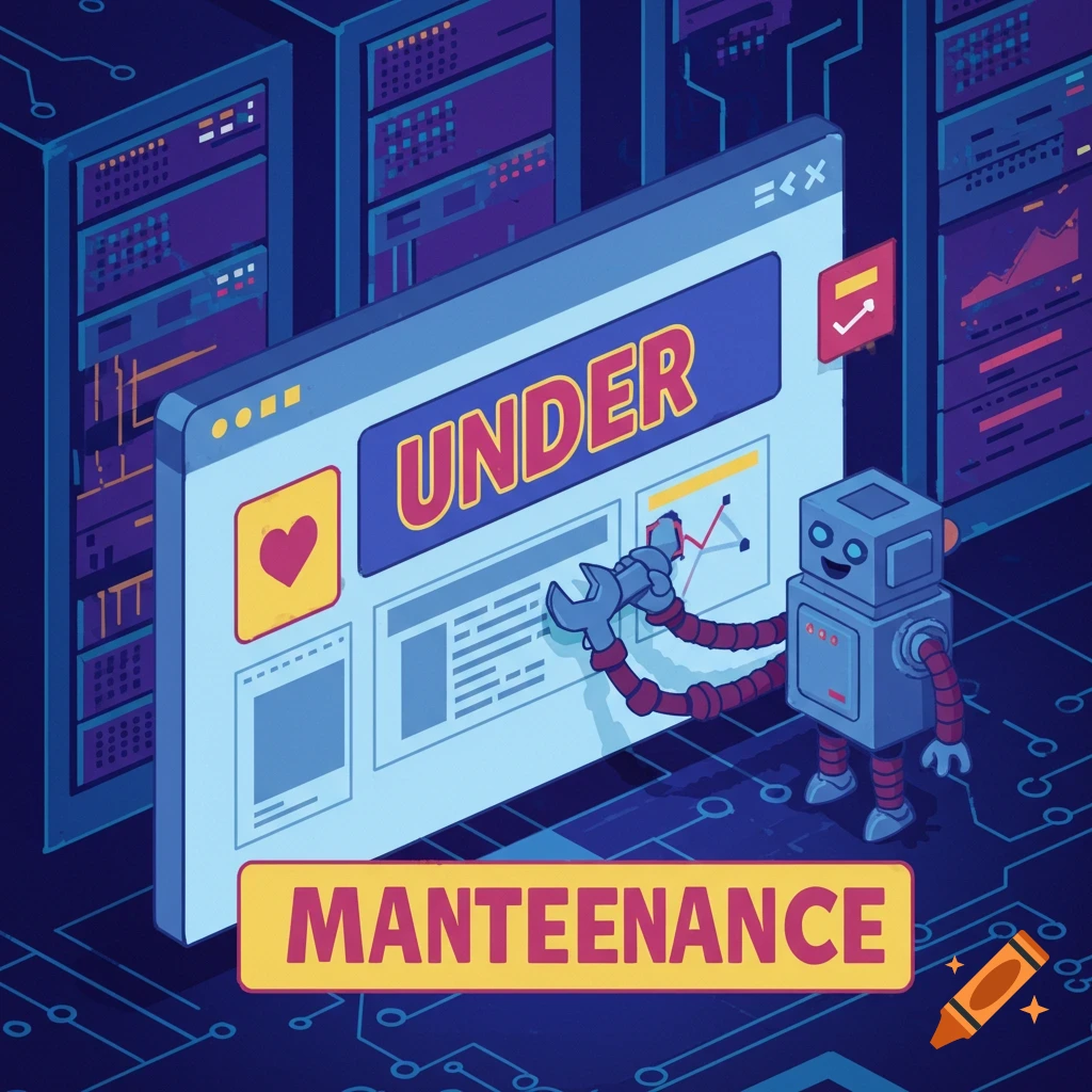 Website under maintenance notice or graphic design element for a website maintenance page, indicating a temporary service interruption for updates or repairs. The style is modern and minimalist with a focus on functionality over elaborate design, often incorporating simple graphics and clear typography to inform users of the situation and expected resolution time. It's designed to reassure users and maintain brand trust during downtime.