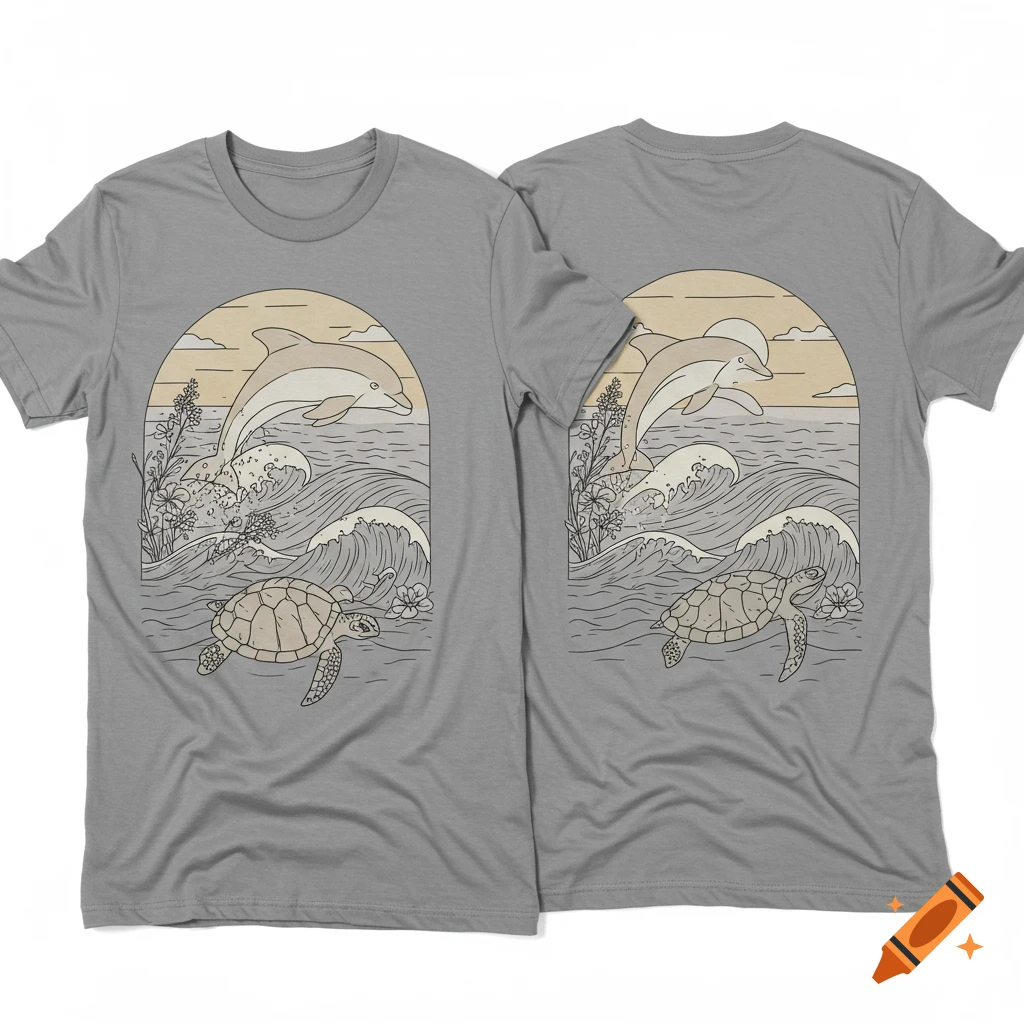 Stylized line art illustration on a gray t-shirt showing a dolphin leaping over waves and a swimming sea turtle.