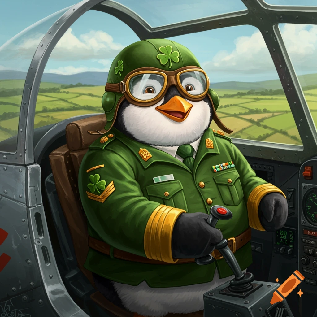 A cartoon penguin wears a green Irish military uniform and pilot goggles in a cockpit.