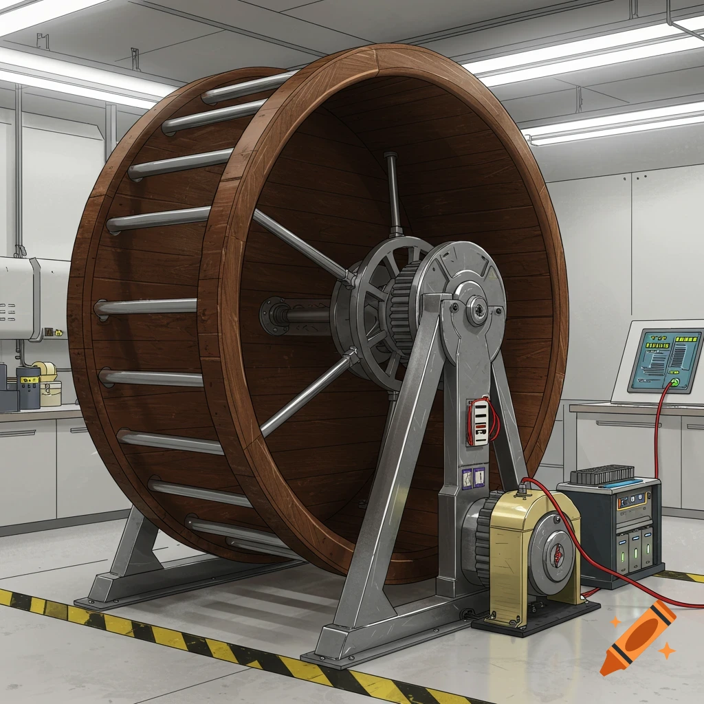 Large human-sized hamster wheel with a generator in a laboratory setting.