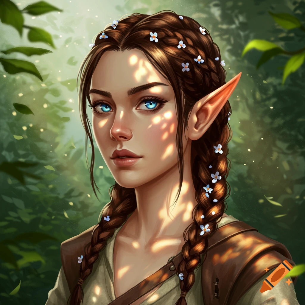 A portrait of a female elf with braids and flowers in her hair, blue eyes, in a forest with dappled light.