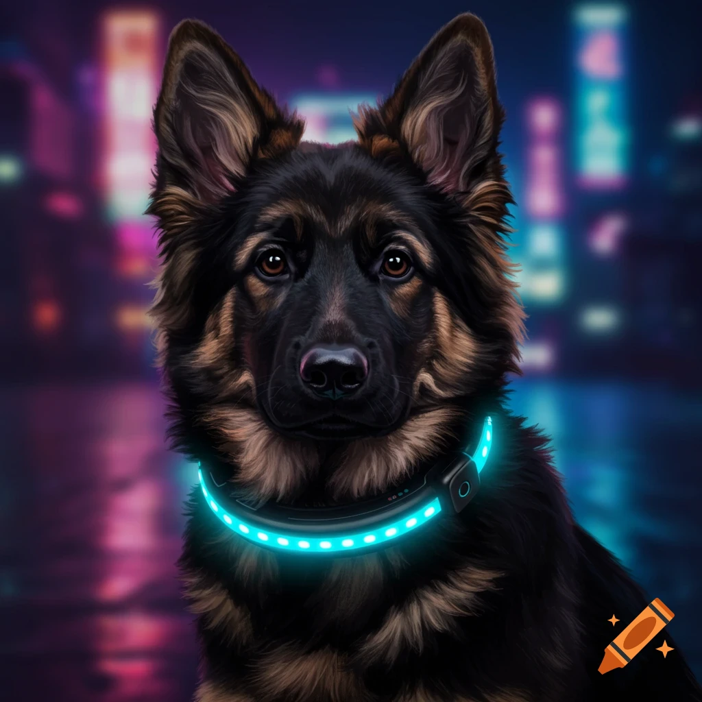 A German Shepherd dog wearing a glowing blue smart collar in a neon city