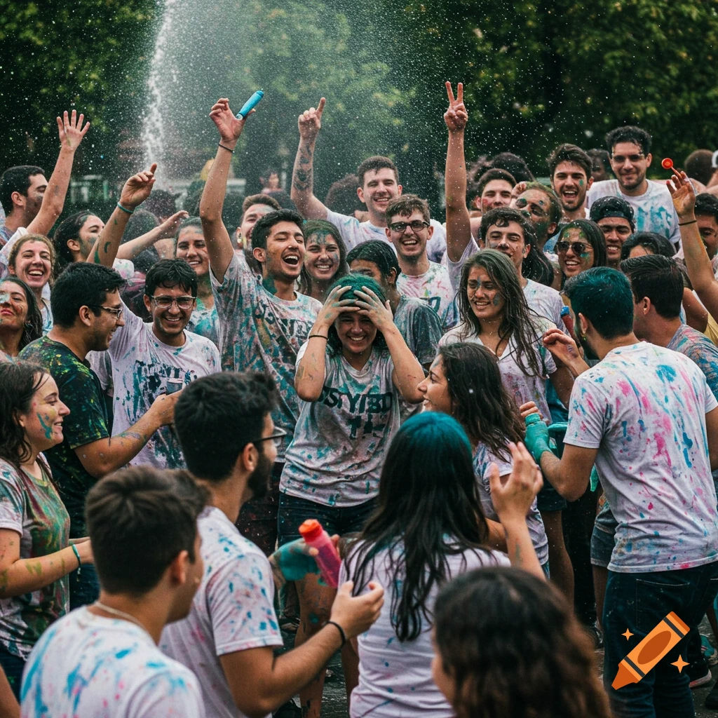 A large group of young people covered in colorful paint splashes celebrate at a paint party, cheering and having fun.