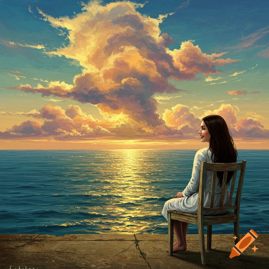 Woman sits on chair by ocean watching sunset, painting style.