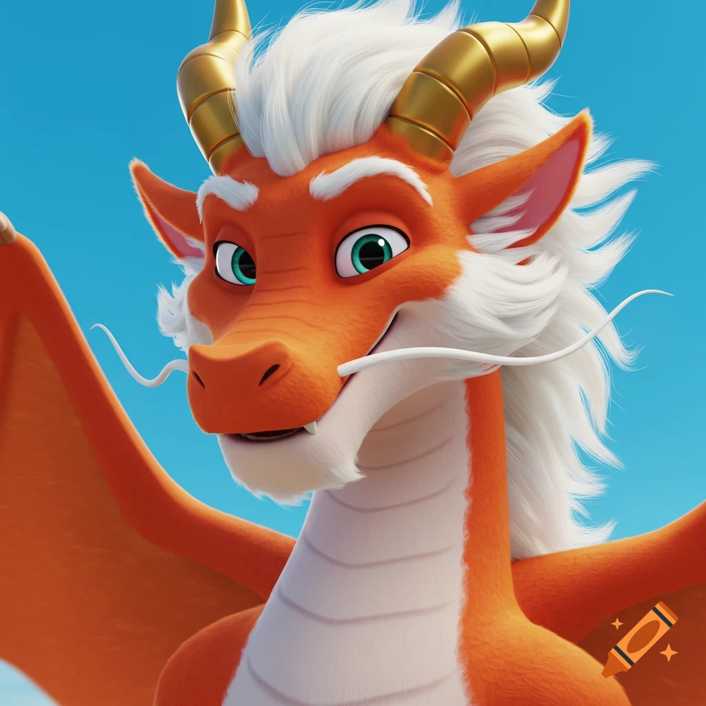 Close-up of an animated orange and white dragon against a blue sky