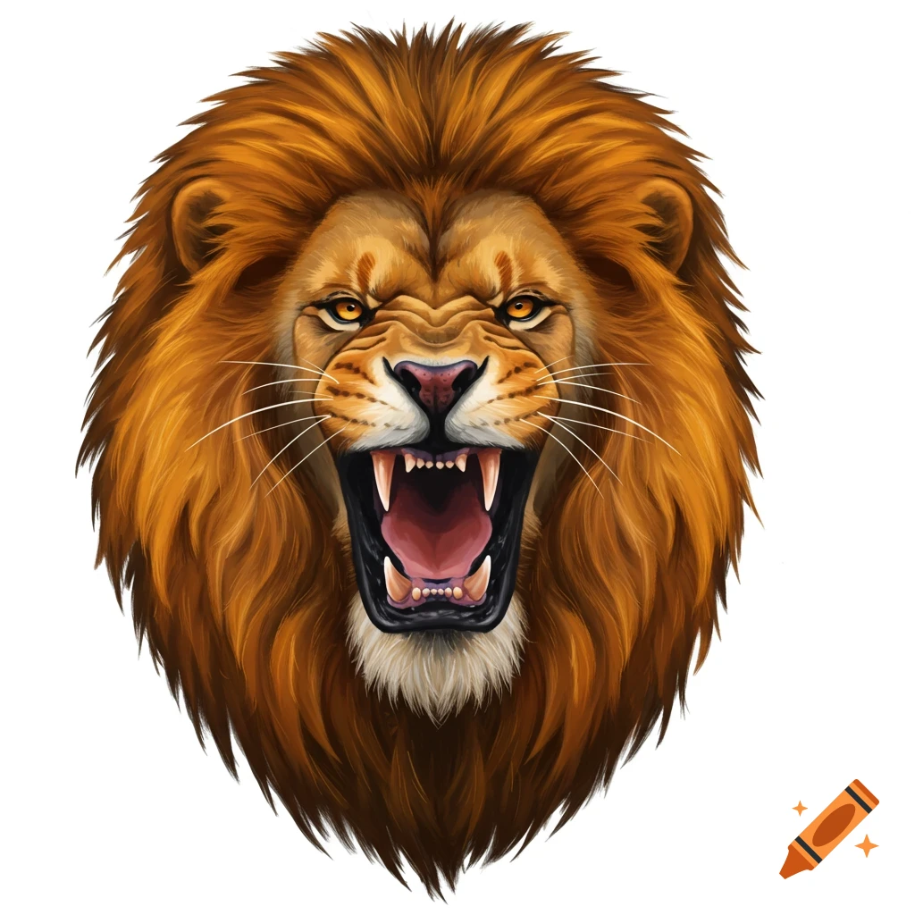 Close-up realistic illustration of a roaring lion's head
